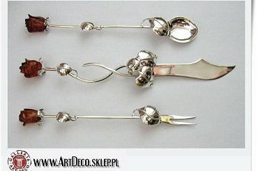 sztućce upominkowe dekoracyjne #bursztyn #imieniny #kobieta #prezent #róża #SrebrneSztućce #srebro #sztućce #upominek #urodziny