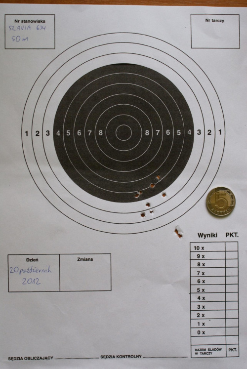 Slavia 634, tarczka 50m, srut exact 4,5 seria 10 strzałów, pozycja siedząca, karabinek podparty na woreczkach z piaskiem, fabryczne przyrządy otwarte, Strzelnica Sportowa Międzychód 20.10. 2012