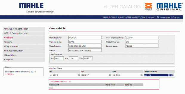 Filtr kabinowy do Accorda Coupe VIgen