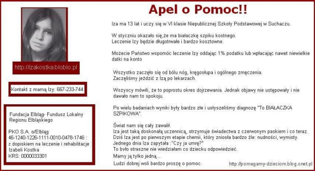 http://pomagamy.dbv.pl/ #BiałaczkaSzpikuKostnego #FundacjaElbląg #Elbląg #IzabelaKostka #Apel #ChoreDzieci #darowizna #schorzenie #OpiekaRehabilitacyjna #Fiedziuszko #fundacja #PomocCharytatywna #PomocDzieciom #PomocnaDłoń #rehabilitacja #pomoc